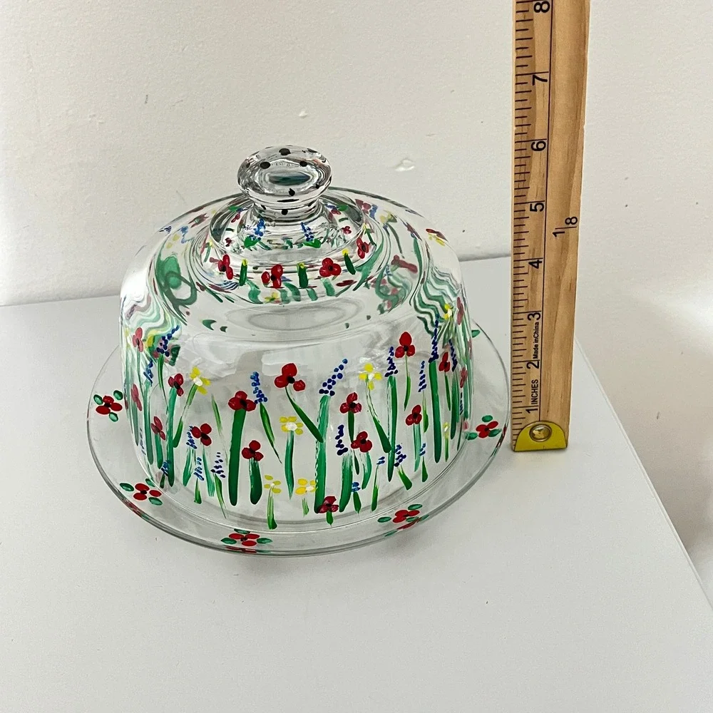 Vintage France  Cheese Cloche Set  Clear Hand Painted Floral Wildflower